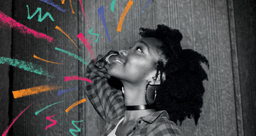 A young person smiles. Multi-Coloured graphic arrows surround her.